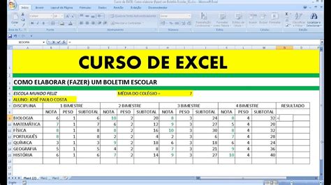 Curso de Excel Como elaborar fazer um Boletim Escolar com Média Ponderada da Matemática YouTube