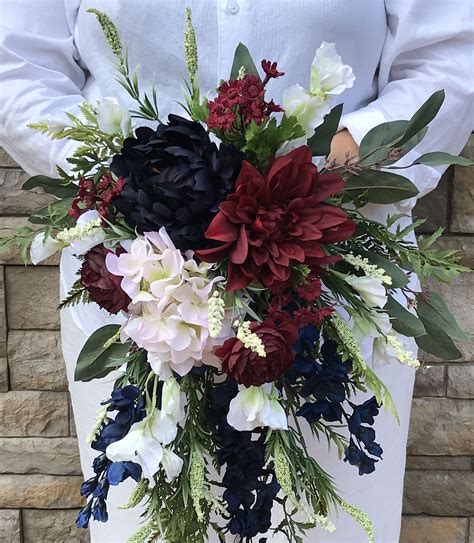 Wedding bouquets bridal bridesmaid silk flower sunflower yellow purple burlap. Cascading Silk Navy Burgundy Blush White Bridal Bouquet ...