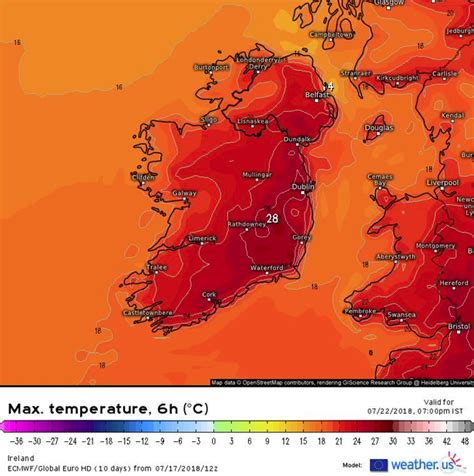 Irish Weather Forecast Temperature Map Shows 28c In Ireland At Weekend