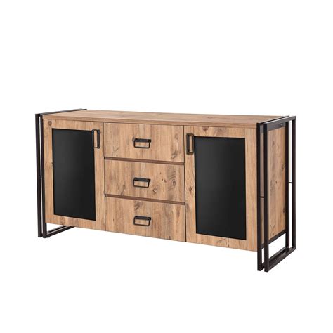 buffet 2 portes et 3 tiroirs colisart 160x80cm métal noir et bois naturel en 2022 tiroir