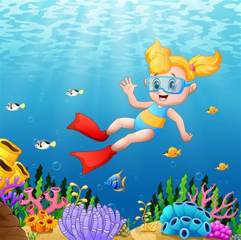 Premium Vector Vector Illustration Of Little Girl Diving In The Sea