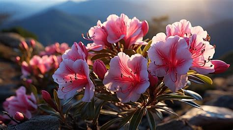 Premium Ai Image Magic Pink Rhododendron Flowers On Summer Mountain