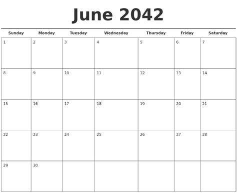 June 2042 Free Calendar Template