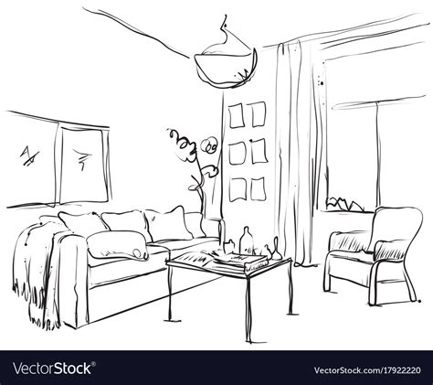 Hand Drawn Sketch Of Modern Living Room Interior Vector Image