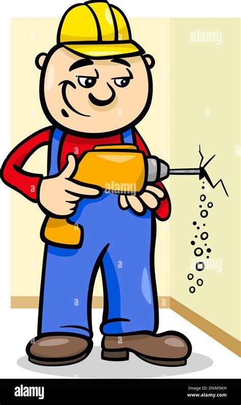Cartoon Illustration Of Man Worker Or Workman Drilling With Electric