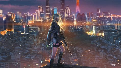 Download 1366x768 Wallpaper Sniper Girl Cityscape Anime Girl Art