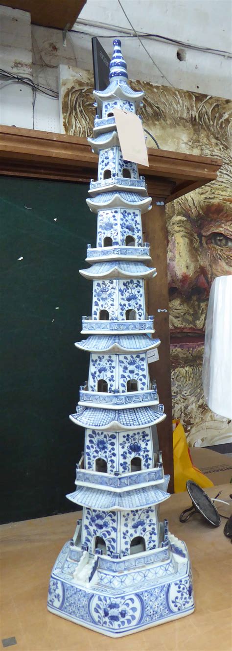 Chinese Style Pagoda In Blue And White 124cm H