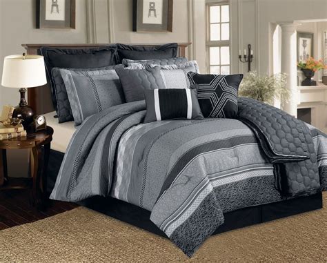 12 Pc Black Grey And White Striped Pattern Comforter Set With Quilt