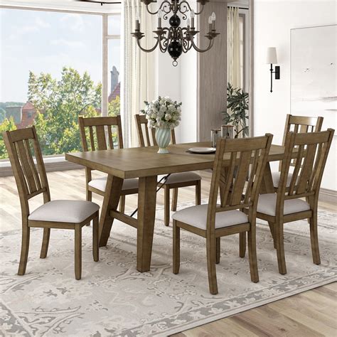 Arcticscorpion 7 Piece Dining Room Set Rectangular Table With Chain Bracket And 6 Upholstered