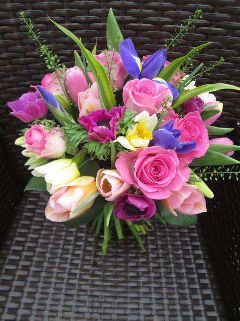 Spring Bouquet Of Iris Aqua Pink Rose Daffodil Anemone