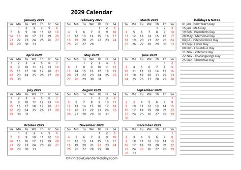Free Printable Calendar 2029 Word Pdf Excel