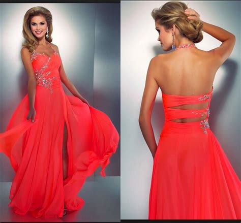 2015 Coral Colored Prom Dresses Crystal Embellished Halter Slit Chiffon Bright Hot Pink Prom