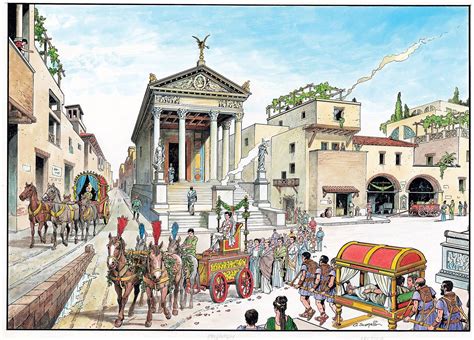 A Drawing Of An Ancient Roman City With Horses And Carriages