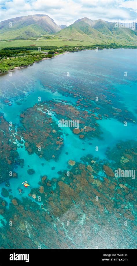 An Aerial View Of Kayaks Over The Reefs Off Olowalu West Maui Hawaii