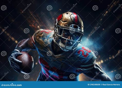 American Football Player in Action with the Ball at Stadium. Team
