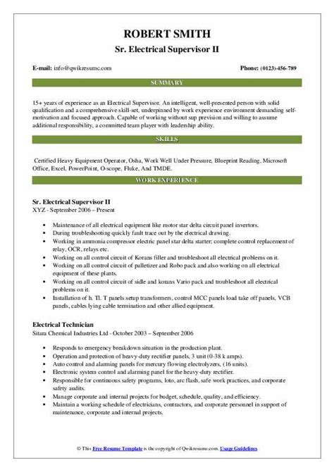 Electrical maintenance supervisor resume pdf. Electrical Supervisor Resume Samples | QwikResume