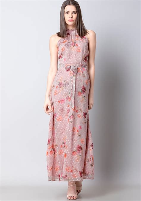 Buy Women Pink Floral Halter Belted Maxi Dress Beach Wear Online