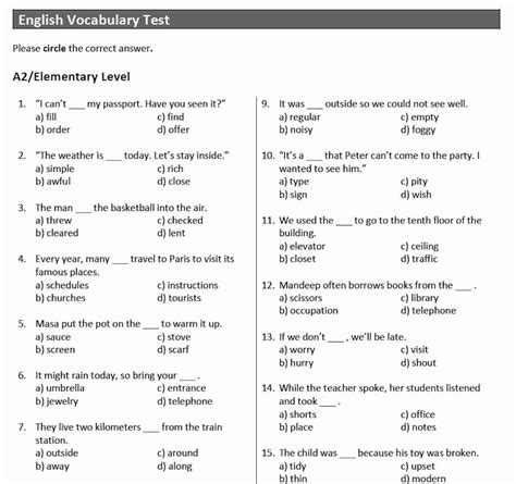 Free English Vocabulary Test Pdf English Current