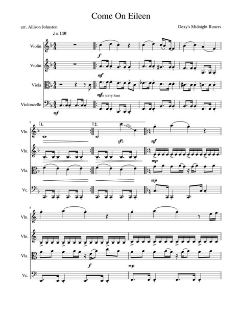 2 violins and piano (78) chamber ensemble (77) piano, violin, guitar, bass, drums (76) violin, organ (73) flute or violin and guitar (69) string quintet : Come On Eileen - String Quartet Sheet music for Violin, Viola, Cello | Download free in PDF or ...
