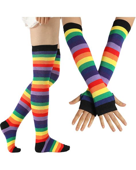 Imperial Rainbow Striped Thigh High Socks Long Fingerless Sleeve Set Super X Studio
