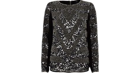 River Island Synthetic Black Sequin Embellished Long Sleeve Top Lyst
