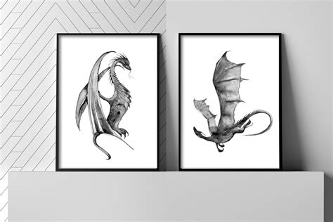 Dragons Watercolour Prints Dragon Prints Navy Dragon Wall Etsy