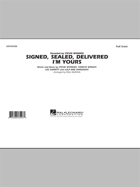 Signed Sealed Delivered Im Yours Full Score Sheet Music Paul