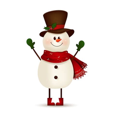 Premium Vector Christmas Cute Cheerful Funny Snowman Waving Hands And Greeting Isolated On