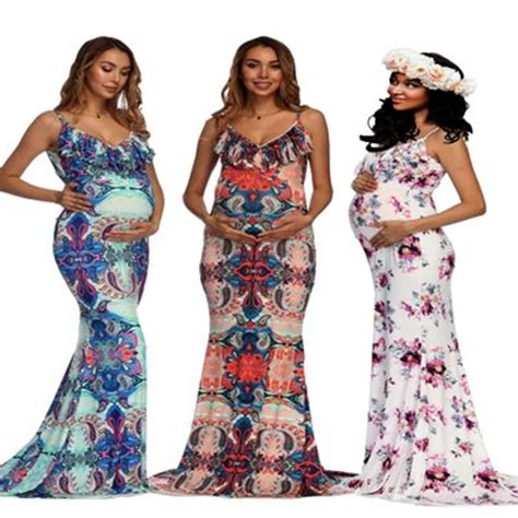 Maternity Dress Photo Shoot Maxi Maternity Gown V Necked Trailing Strap Maternity Printed Gown
