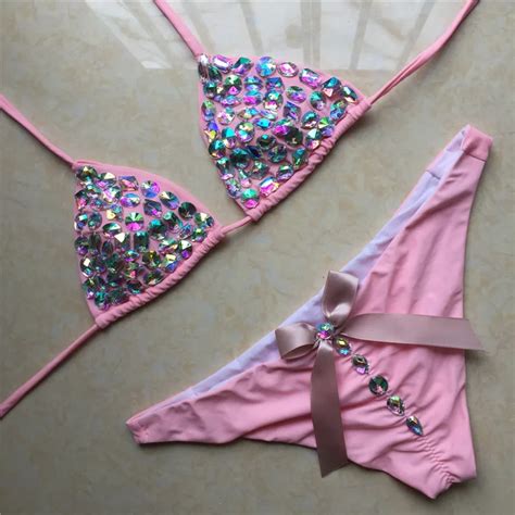 new cute pink bow bandage crystal diamond bikinis set sexy halter rhinestone swimsuit femme
