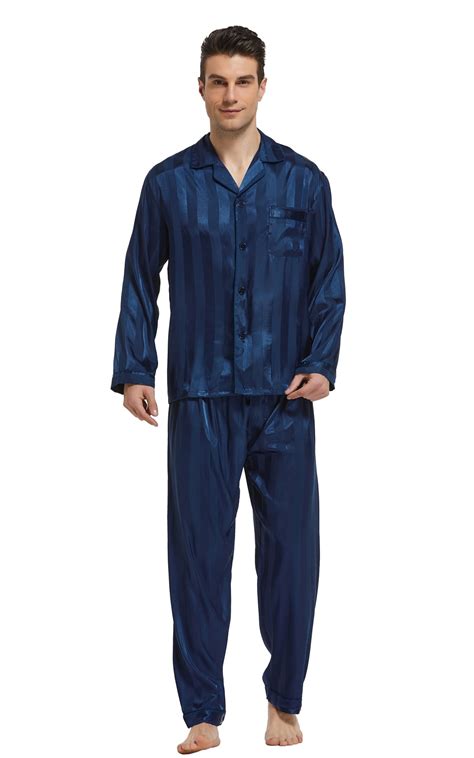 Mens Silk Satin Pajama Set Long Sleeve Navy Blue Striped Tony And Candice
