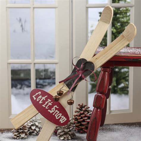 Let It Snow Wood Vintage Inspired Snow Skis Table Decor Christmas