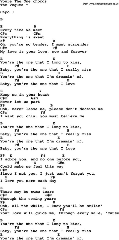 Song Lyrics With Guitar Chords For Youre The One The Vogues Songs