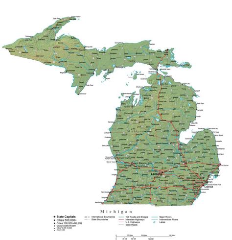 Michigan Illustrator Vector Map with Cities, Roads and Photoshop Terrain Image