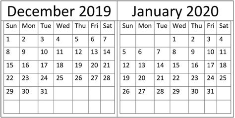 December 2019 And January 2020 Calendar Printable 12 Month Printable