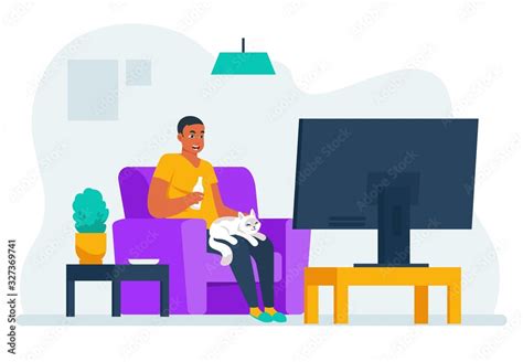 Man Watching Tv Cartoon Guy Sitting On Sofa At Home And Watching Movie