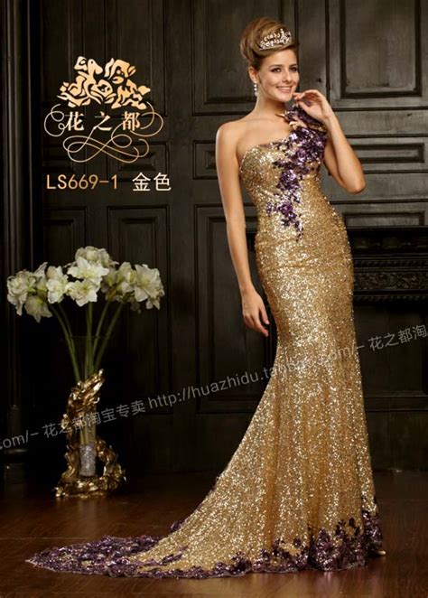 One Shoulder Purple Gold Sequins Dress Luxury Evening