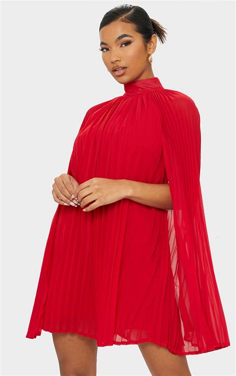 Red Pleated Cape High Neck Shift Dress Prettylittlething Aus