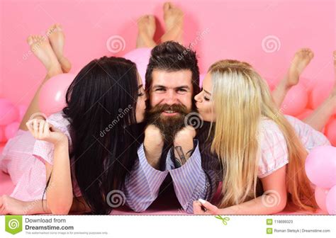 Alpha Male Concept Threesome Lay Near Balloons Happy Guy On Smiling Face Stock Image Image