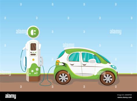 Electric Vehicle And Charging Station Eco Car Vector Cartoon