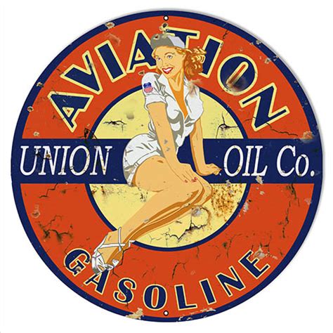 Aviation Aged Pin Up Girl Reproduction Motor Oil Sign 14″x14″ Round