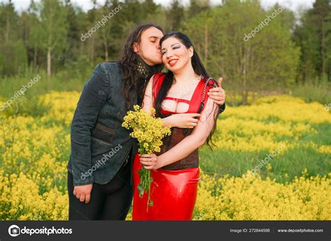 Sexy Kinky Couple Walking Nature Having Roleplay Game Latex Mistress