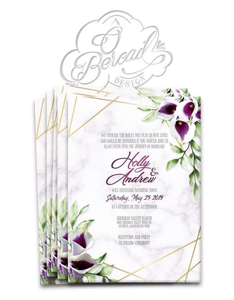 Printable Purple Calla Lily Wedding Invitation With Gold Geometric