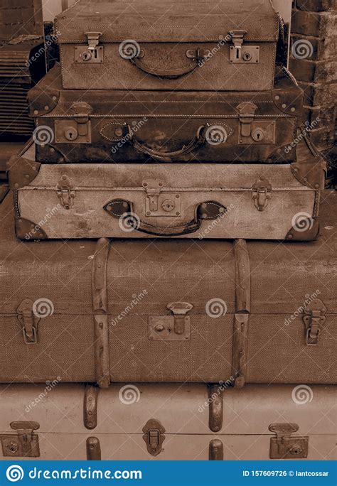 Stack Of Old Suitcases On Station Platform Stock Photo Image Of