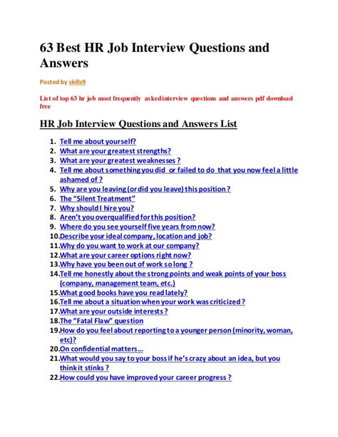 63 Best Hr Job Interview Questions And Answers