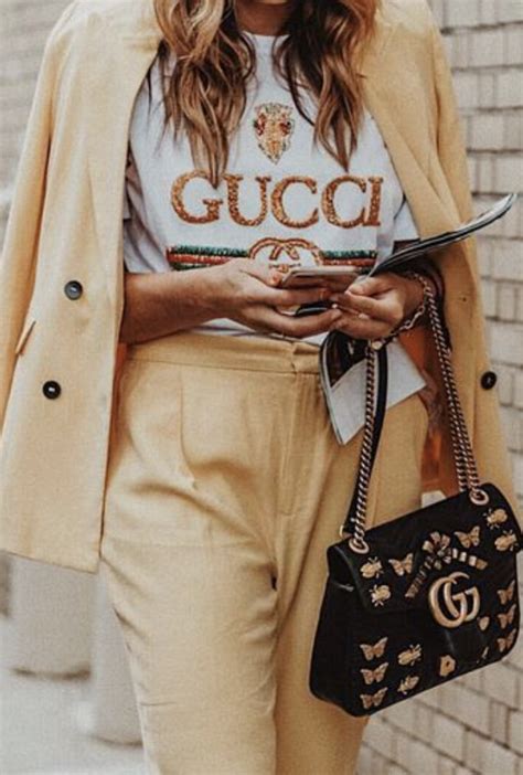 Gucci Outfit Yellow Pantsuit Gucci Tee Gucci Marmont Bag Womens