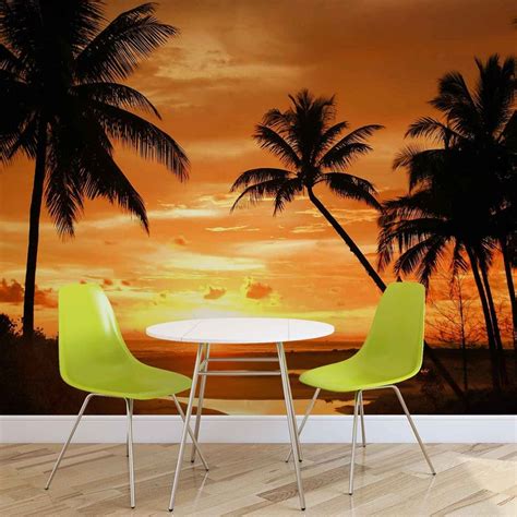 Beach Tropical Sunset Palms Wall Paper Mural Buy At
