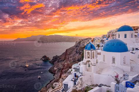 Amazing Evening View Of Santorini Island Picturesque Spring Sunset On