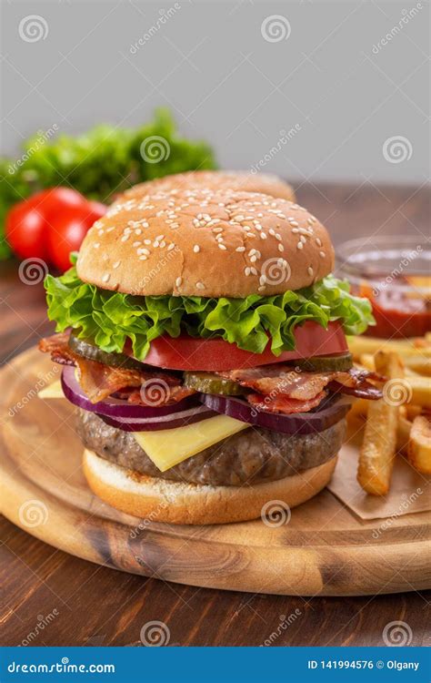 Delicious Large Hamburger With Fries And Ketchup Stock Photo Image Of