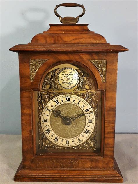 Vintage Burr Walnut Cased Mercer Tempus Fugit Timepiece Clock 8 Day